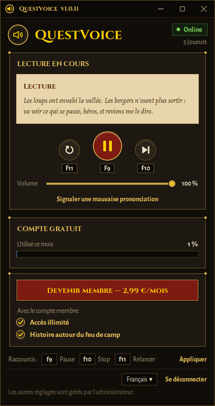 Fenêtre du logiciel QuestVoice affichant la quête en cours de lecture, les boutons pause, relancer et passer