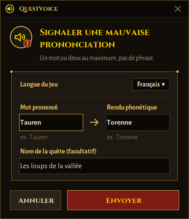 Fenêtre pour signaler une mauvaise prononciation : mot prononcé, rendu phonétique, nom de la quête